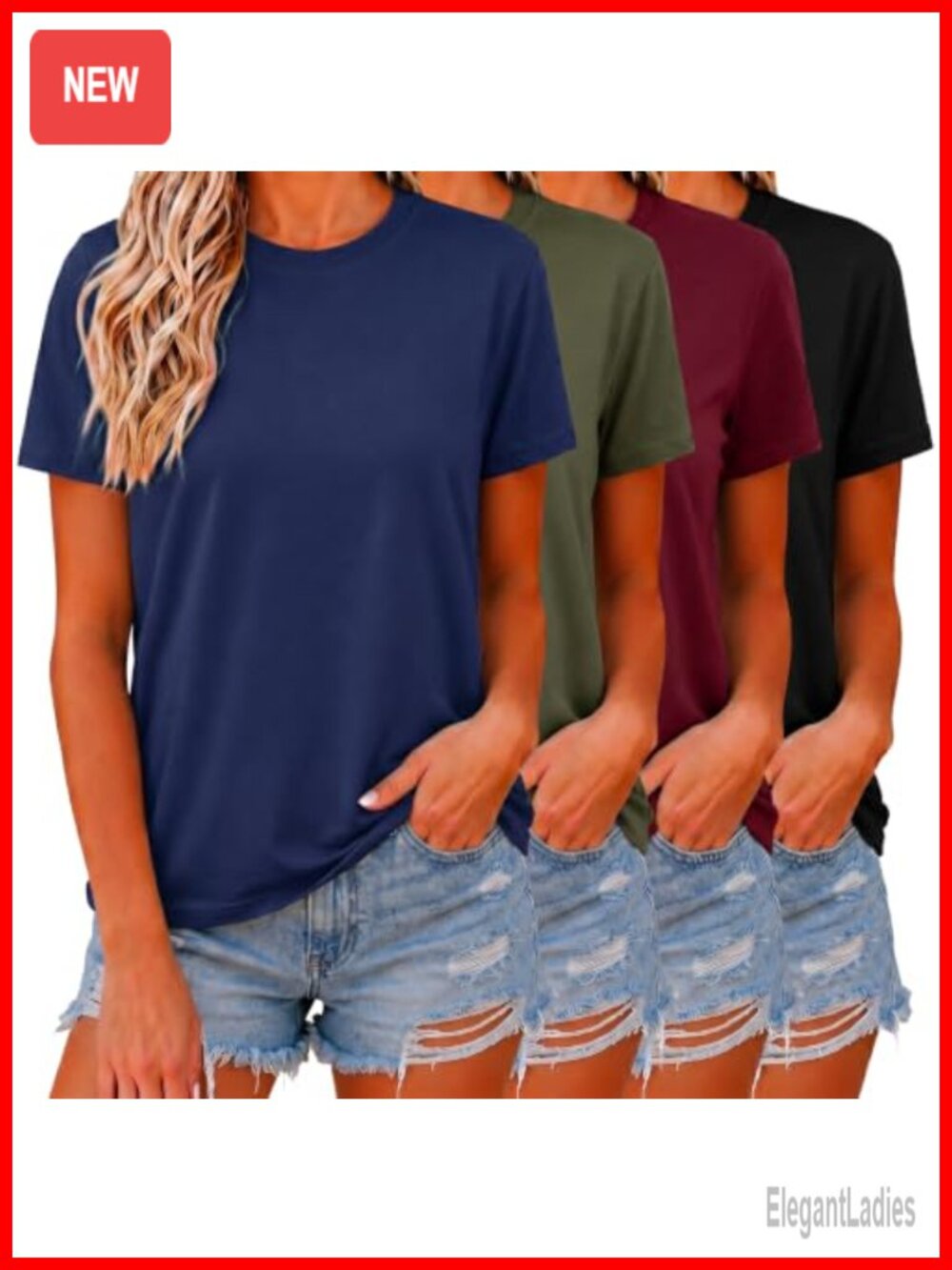LOOKFACE 4 Pack Women's Cotton Blend Crewneck Short Sleeve T-Shirts Basic Tees